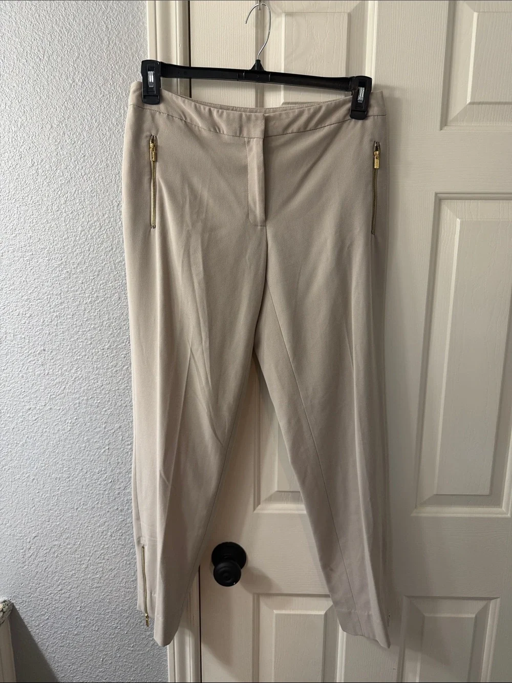 Calvin Klein Beige Straight-Leg Pants with Gold Zippers